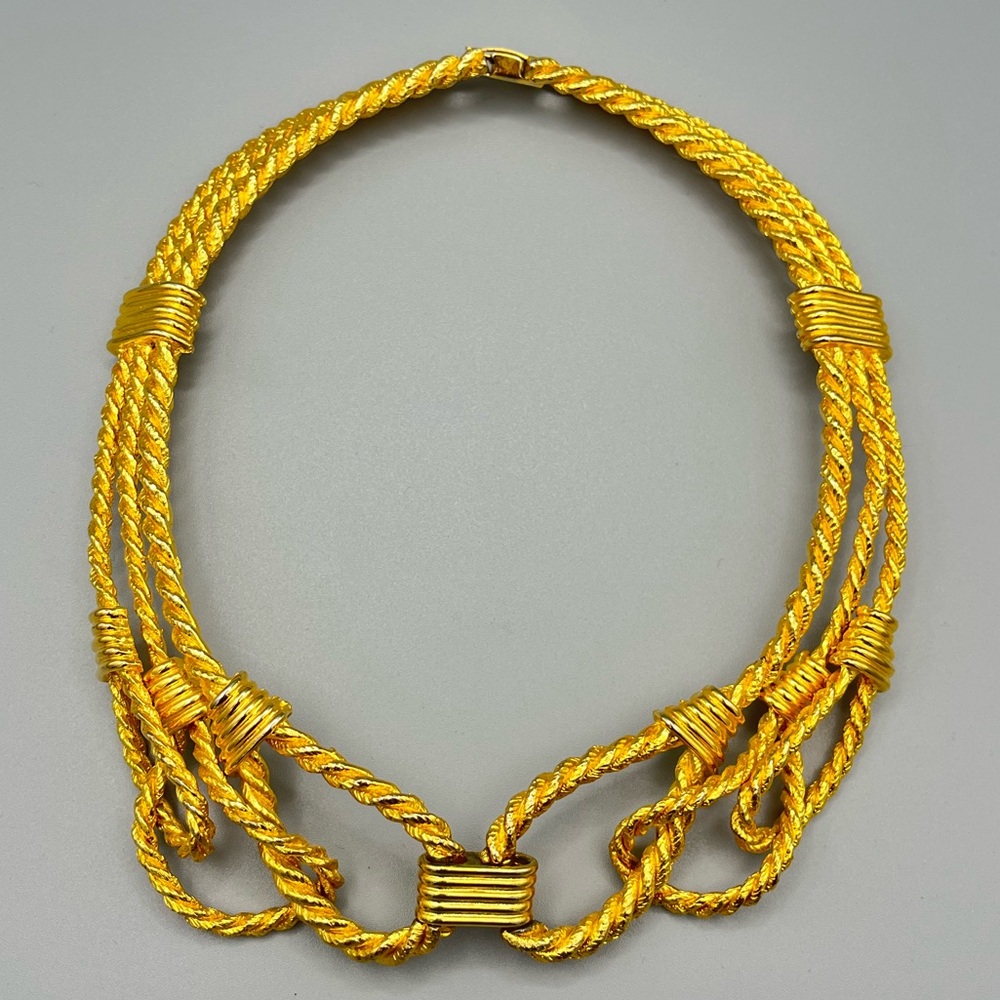 LANVIN Paris Stunning Vintage Gold Tone Rope Choker Bib Necklace Runway RARE